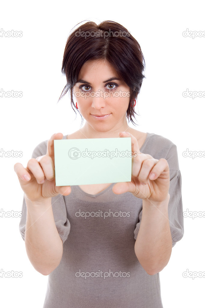 Young beautiful woman showing a card