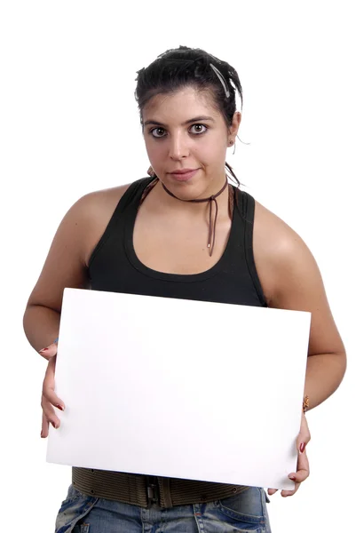 Mujer casual con una tarjeta blanca vacía —  Fotos de Stock