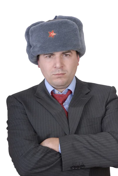 Retrato de hombre casual joven con un sombrero ruso — Foto de Stock