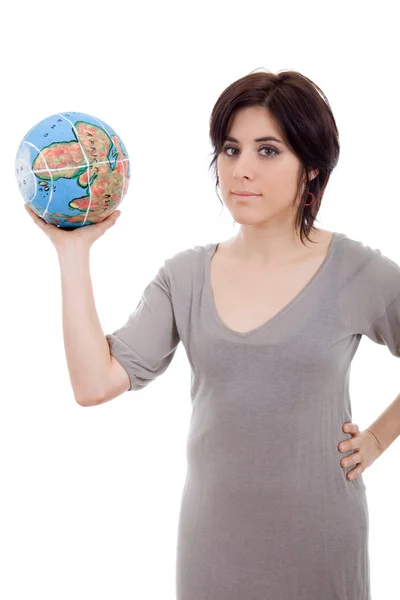 Pretty young woman holding the globe in her hands — Stock Photo, Image
