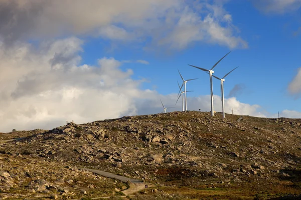 Белые ветряные турбины на вершине горы — стоковое фото