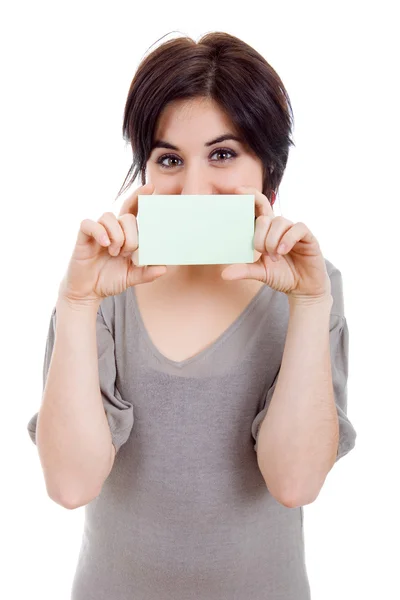 Young beautiful woman showing a card — Stock Photo, Image