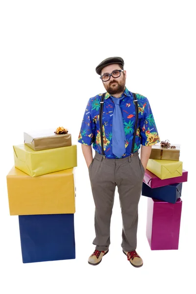 Happy silly salesman with some boxes — Stock Photo, Image