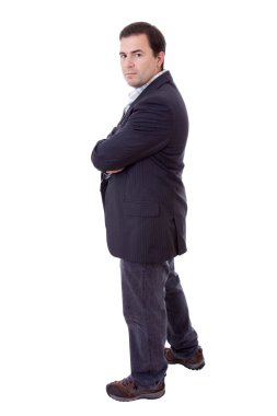 Beyaz arka planda genç, sıradan bir adam.