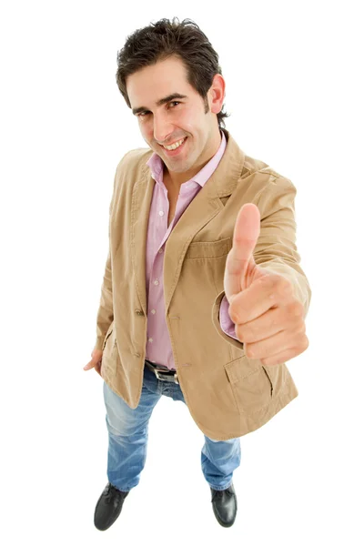 Young casual man full body going thumbs up — Stock Photo, Image