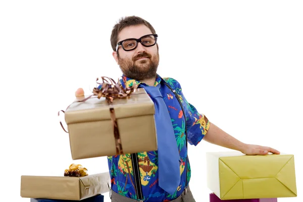 Happy silly salesman with some boxes — Stock Photo, Image