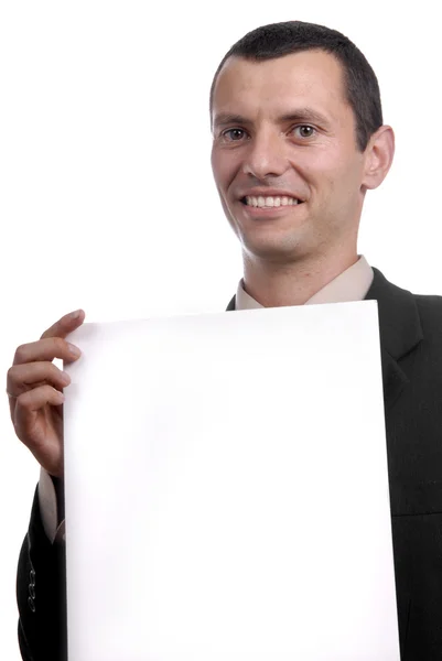 Business man with an empty white card — Stock Photo, Image