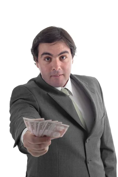 Привлекательный молодой бизнесмен с банкнотами — стоковое фото