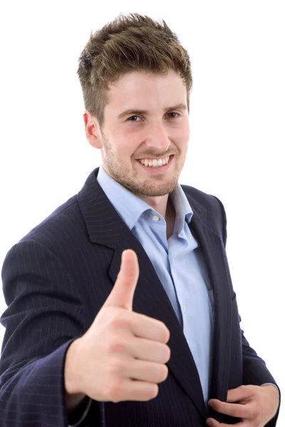 Young casual man going thumb up — Stock Photo, Image