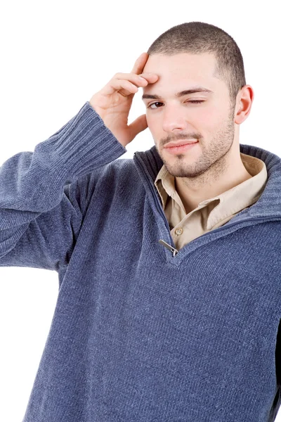 Příležitostné mladík s bolestí hlavy — Stock fotografie