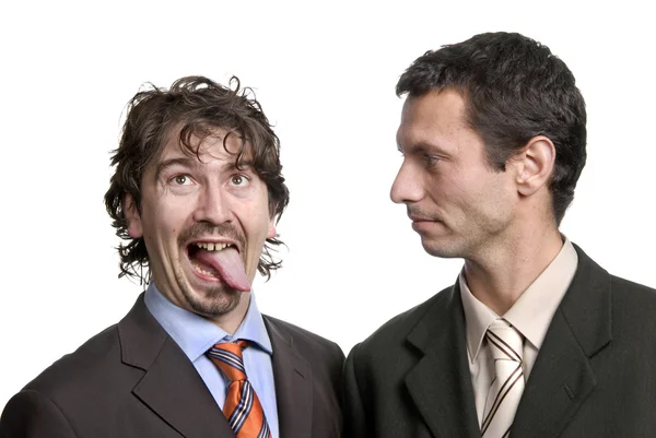 Two young silly business men portrait on white — Stock Photo, Image