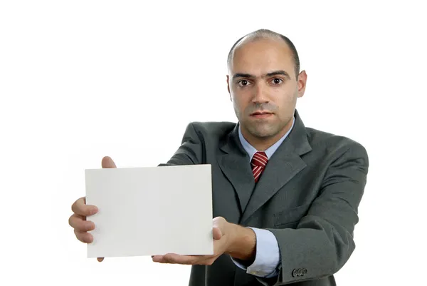 Hombre de negocios con una tarjeta blanca vacía — Foto de Stock