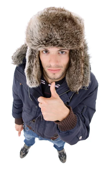 Young casual man going thumb up — Stock Photo, Image