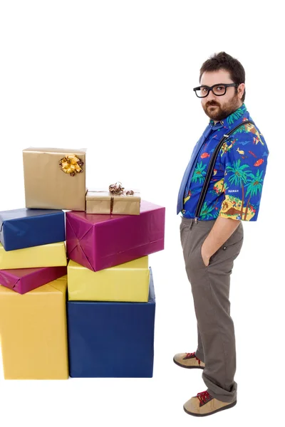 Happy silly salesman with some boxes — Stock Photo, Image