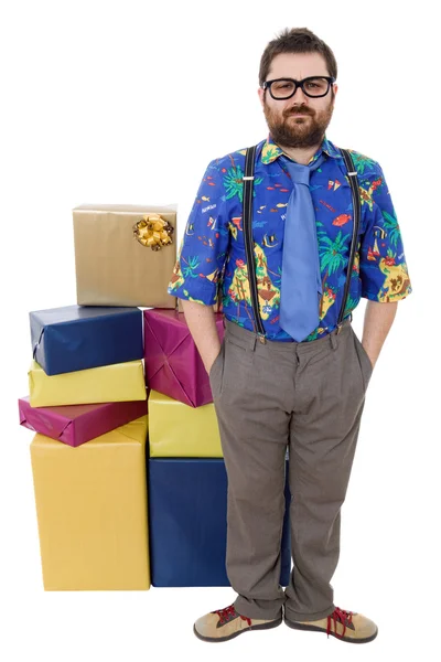 Счастливый глупый продавец с коробками — стоковое фото