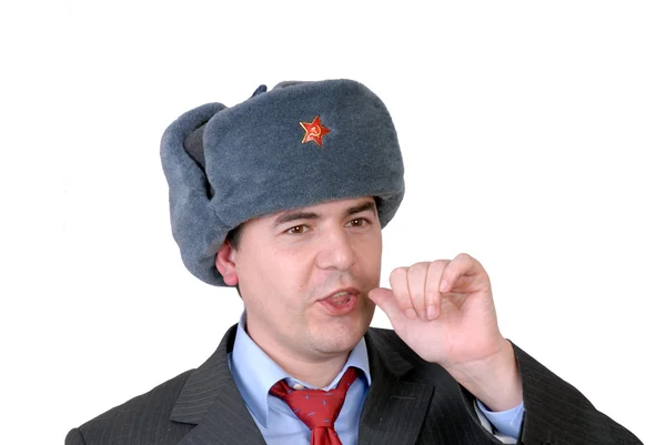 Young business man portrait with a russian hat — Stock Photo, Image