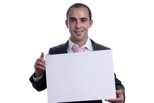 Biznesmen z pusta karta biały — Zdjęcie stockowe