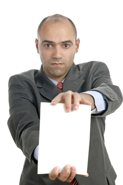 Hombre de negocios con una tarjeta blanca vacía —  Fotos de Stock