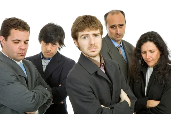 Equipe de negócios, isolado em branco, se concentrar no homem na frente — Fotografia de Stock