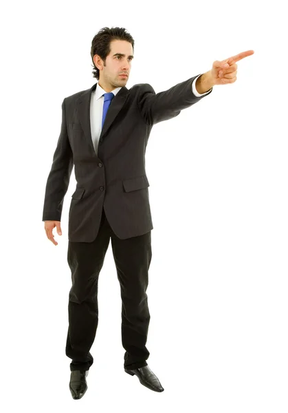 彼の指で指しているスーツを着た若いビジネス男 — ストック写真