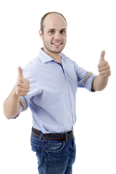 Young casual man going thumb up — Stock Photo, Image