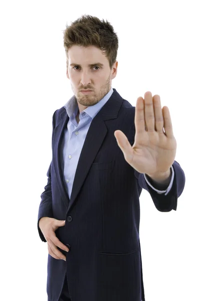 Young man making stop with his hand — Stock Photo, Image