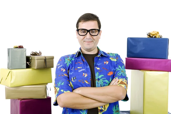 Happy silly salesman with some boxes — Stock Photo, Image