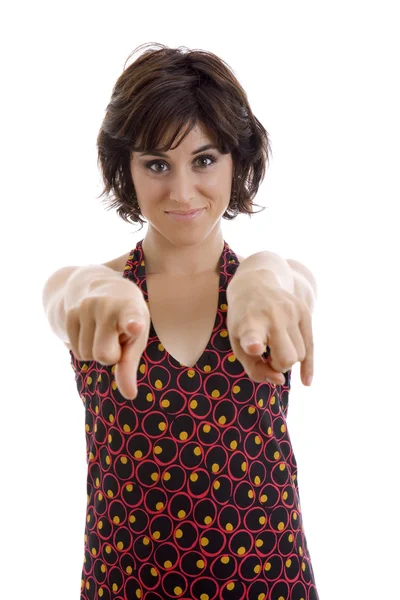 Young happy beautiful woman pointing — Stock Photo, Image