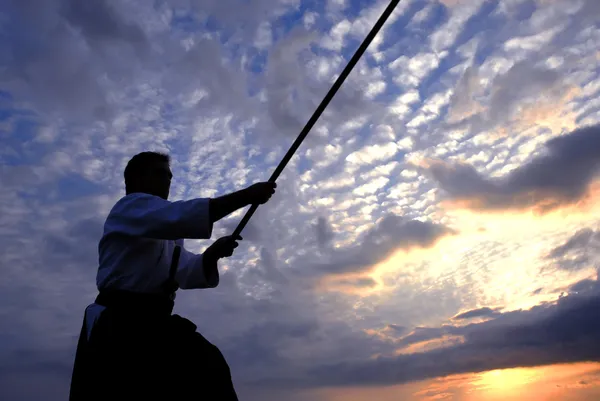 Young aikido man fighter at sunset light — Stock Photo, Image