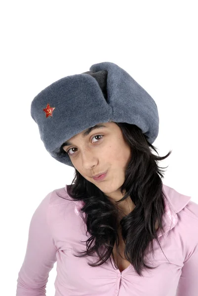 Young casual girl with a russian hat — Stock Photo, Image