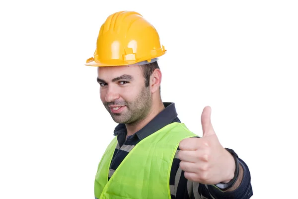 Trabajador con sombrero duro y pulgar hacia arriba —  Fotos de Stock