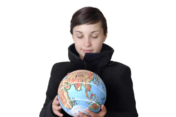 Pretty young woman holding the globe — Stock Photo, Image