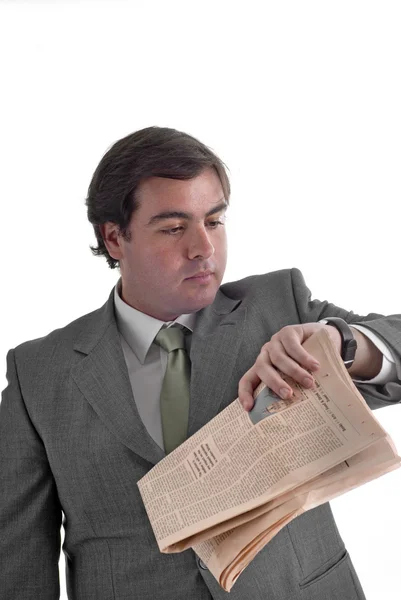 Young handsome business man holding a clock — Stock Photo, Image
