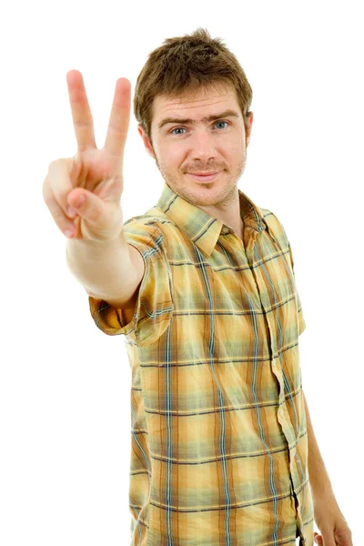 Bem sucedido casual homem mostrando dois dedos — Fotografia de Stock