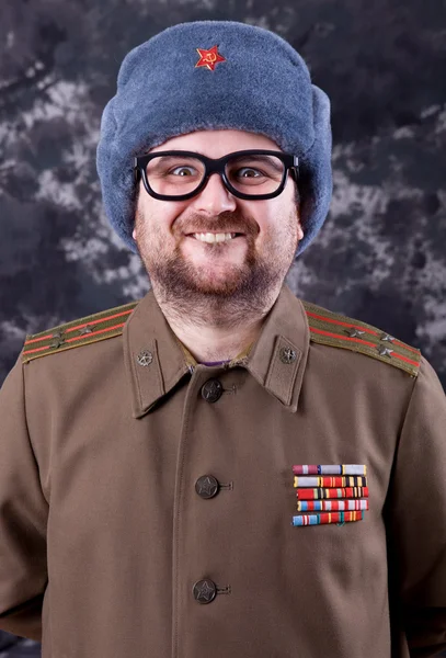 Silly man dressed as russian military — Stock Photo, Image