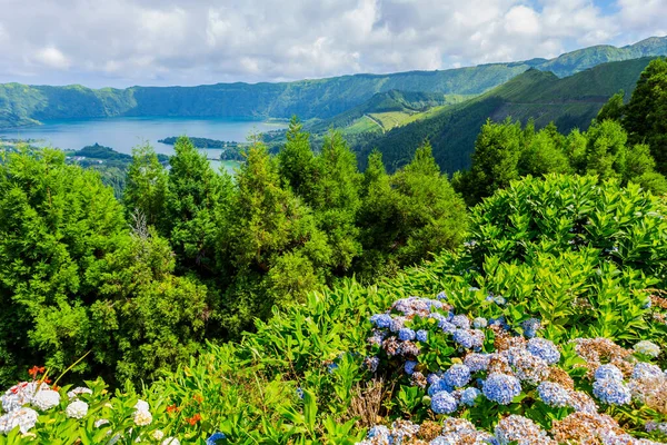 Malowniczy Widok Jezioro Sete Cidades Wulkaniczne Jezioro Kraterowe Wyspie Sao — Zdjęcie stockowe