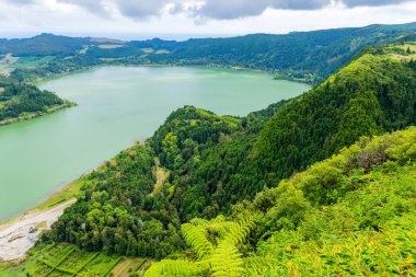 Sao Miguel Adası, Azores, Portekiz 'deki Furnas Gölü (Lagoa das Furnas) manzarası Pico do Ferro manzaralı. Volkanik bir kraterde gölün sakin manzarası.