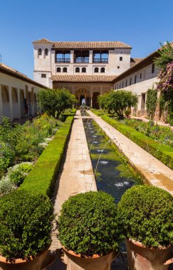 Granada, İspanya: Ünlü çeşmesi ve bahçesiyle The Generalife avlusunun genel manzarası. Alhambra de Granada kompleksi