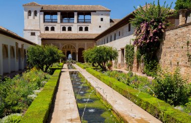 Granada, İspanya: Ünlü çeşmesi ve bahçesiyle The Generalife avlusunun genel manzarası. Alhambra de Granada kompleksi