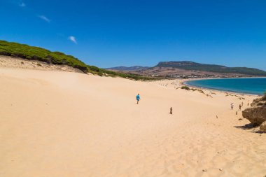 Tarifa, İspanya - Playa de Bolonia Plajı 'na yürüyen turistler, Tarifa, Cadiz' in bozulmamış beyaz kumsalı. Endülüs, İspanya.