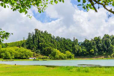 Sao Miguel Adası, Azores, Portekiz 'deki Furnas Gölü manzarası. Yeşillik ve volkanik bir kraterin içindeki gölün büyüleyici ve sakin bir manzarası.