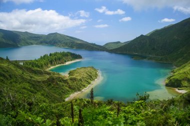 Lagoa do Fogo 'nun güzel manzarası, Sao Miguel Adası, Azores, Portekiz