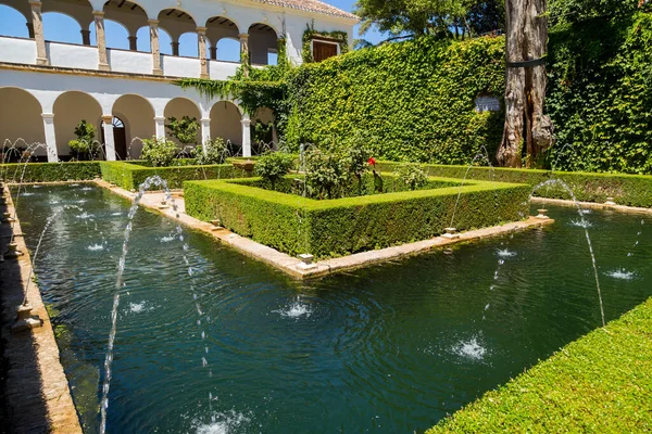 Granada Španělsko Celkový Pohled Nádvoří Generalife Slavnou Kašnou Zahradou Alhambra — Stock fotografie