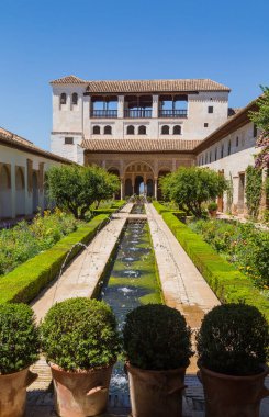 Granada, İspanya: Ünlü çeşmesi ve bahçesiyle The Generalife avlusunun genel manzarası. Alhambra de Granada kompleksi