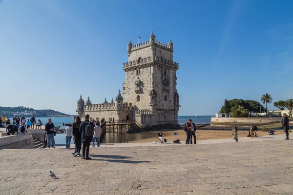 Lisbon Portugal Tourists Belem Tower One Most Popular Tourist Attractions — Stock Photo, Image