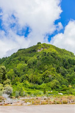 Lagoa das Furnas 'ın kıyısındaki sıcak kaynak ve fümerol buharı, Furnas Gölü' ndeki volkanik kalderalar.