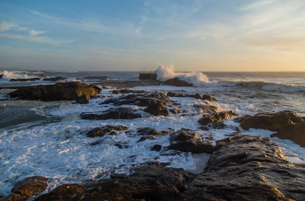 Foz Storm Havet Vid Solnedgången Atlanten Porto Portugal — Stockfoto