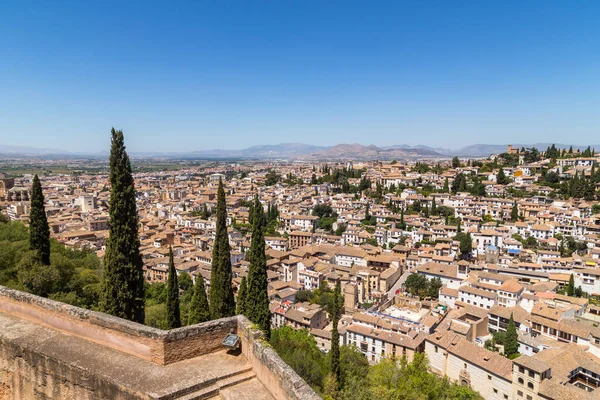 Widok Miasto Pochodzi Szczytu Wieży Broni Pałacu Alhambra Lista Światowego — Zdjęcie stockowe
