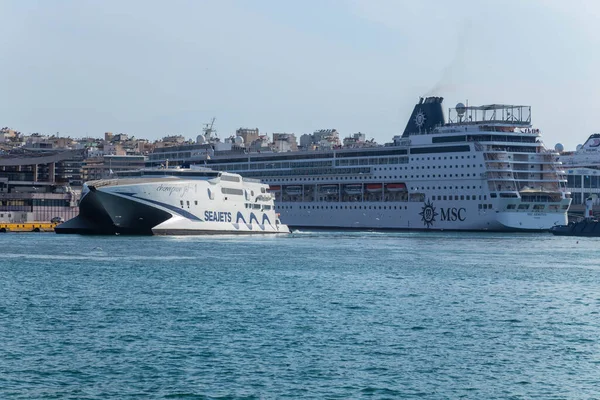 Pireas Greece May 2022 Ferry Boats Cruise Ships Docking Port — Stock Photo, Image