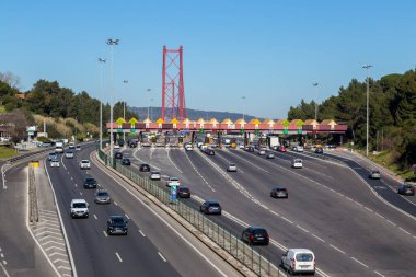 Lisbon, Portugal. Entrance of 25 de Abril Bridge in Lisbon, Portugal